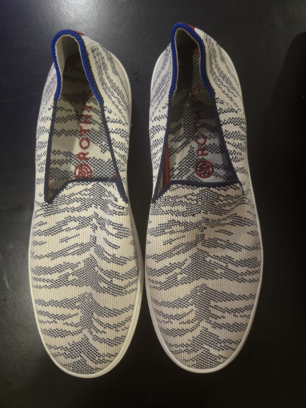 Rothy's Cream and Navy Knit Slip-On Sneakers with Blue Trim